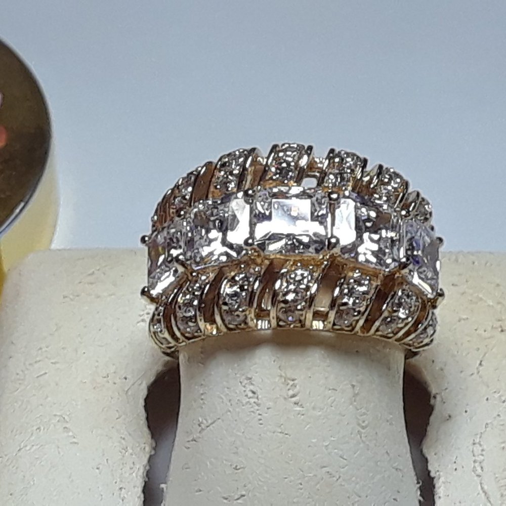 3.50cttw Asscher Cut & Rd CZ Triple Row Sterling Silver/14Kt YG Band Ring #17671